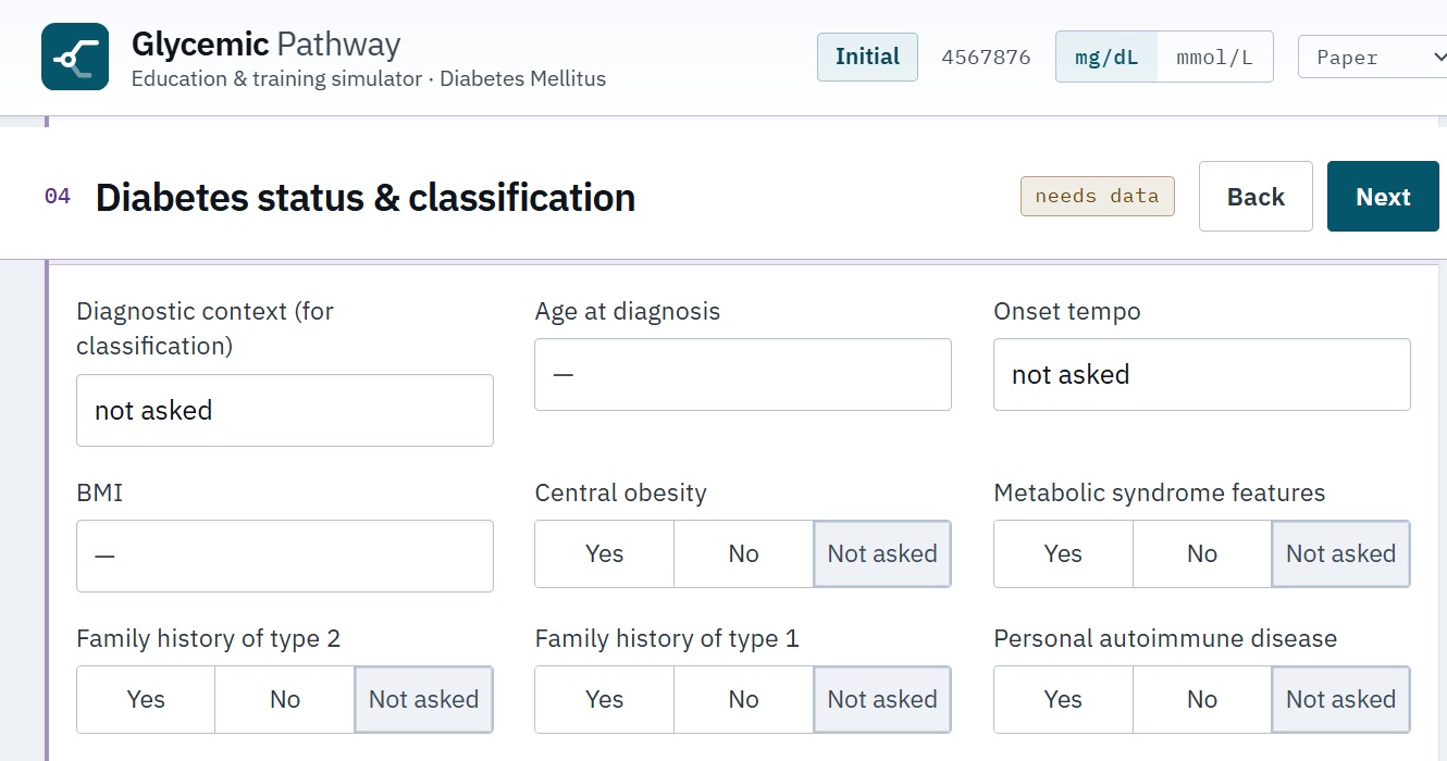A case screen in the Glycemic Pathway simulator, showing diabetes status and classification data-entry fields