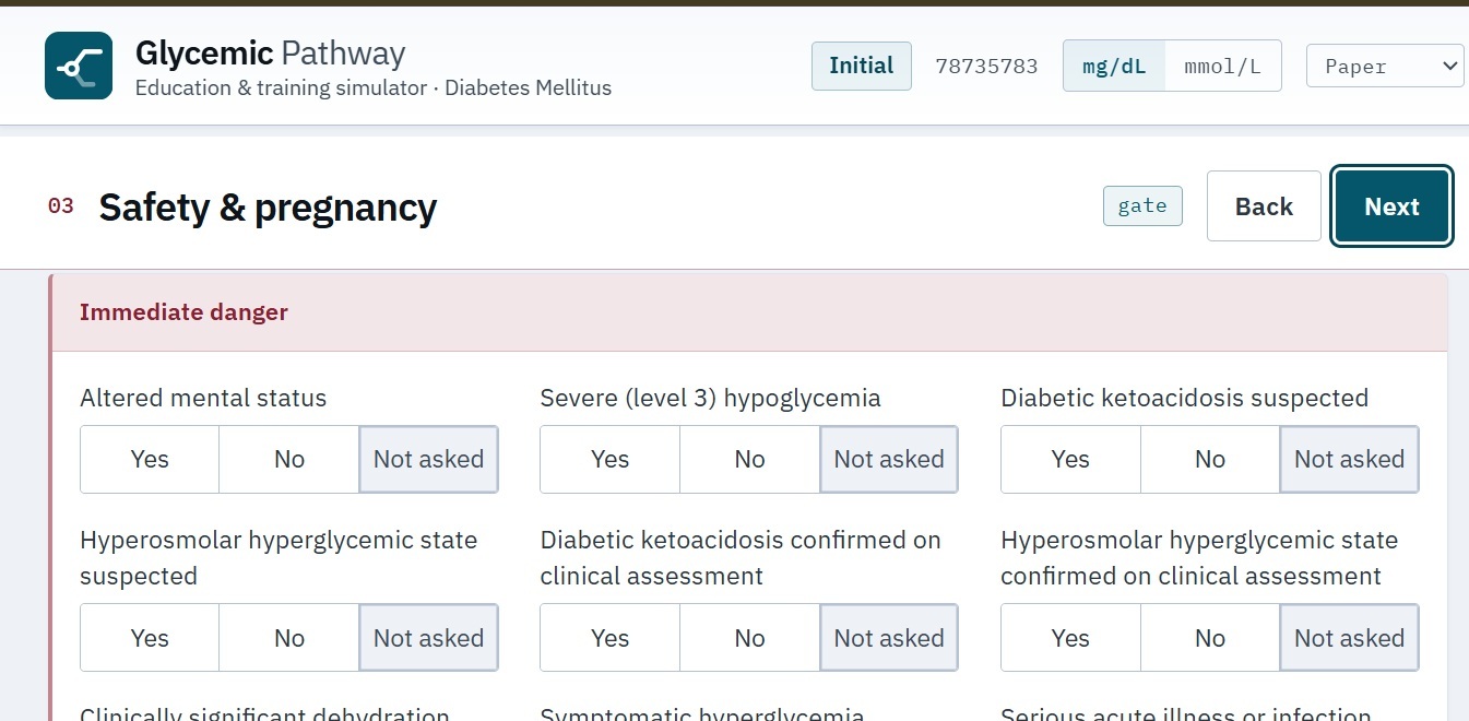 A clinical safety gate screening for DKA, HHS, and other immediate danger signs before proceeding